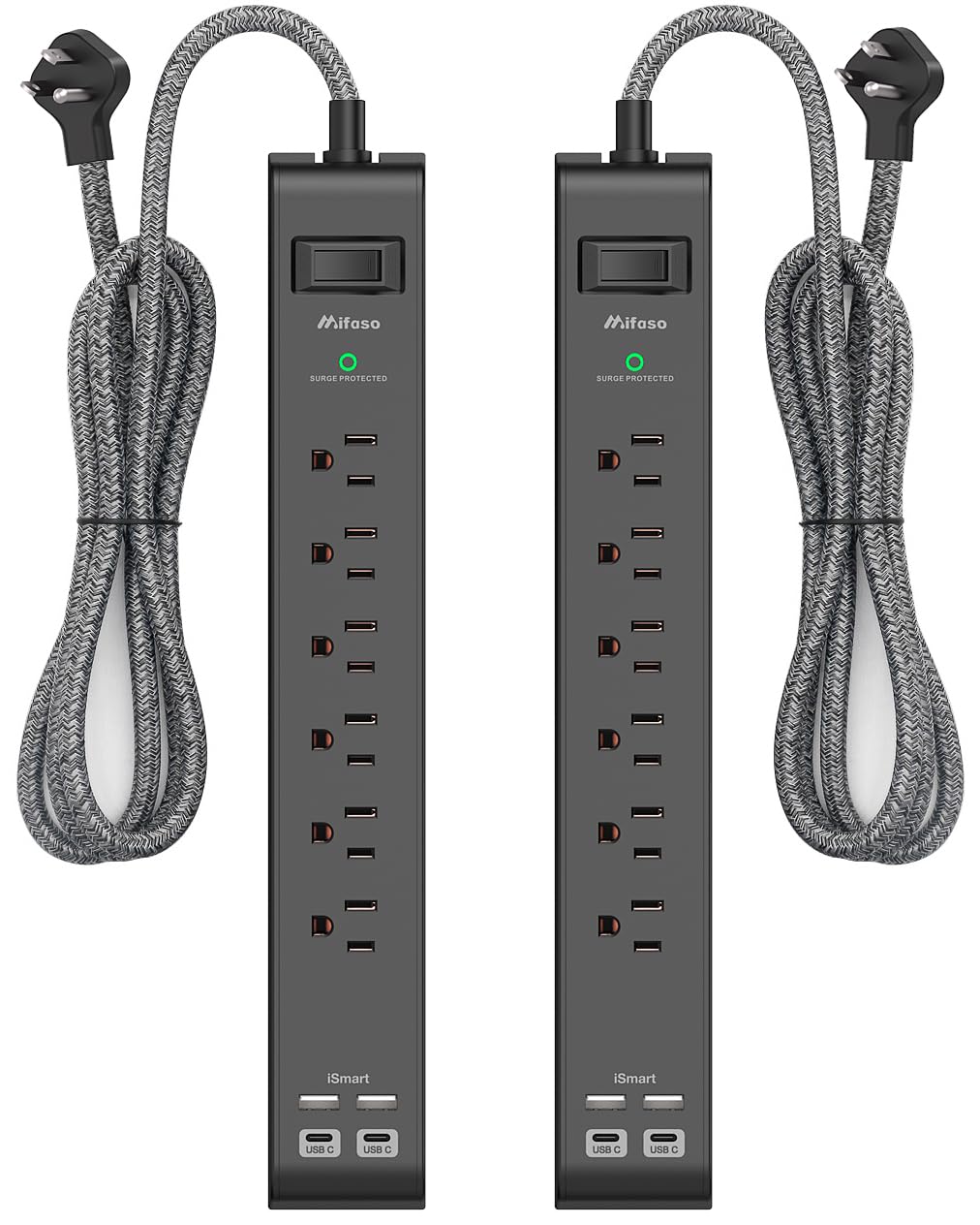 Photo 1 of 2 Pack Surge Protector Power Strip - 6 Outlets 4 USB Charging Ports, 5Ft Braided Extension Cord, Slim Flat Plug, Overload Protection, Wall Mount for Home Office, Dorm Room Essentials