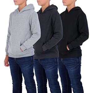 Real Essentials 3 Pack: Youth Fleece Long Sleeve Soft Pullover Hoodie Sweatshirt - Boys & Girls