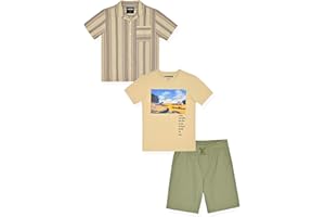 TONY HAWK 3 Piece Boys Short Sets - Boys Skateboard Tee Shirt Woven Short and Button Front Camp Shirt Set for Kids Clothing