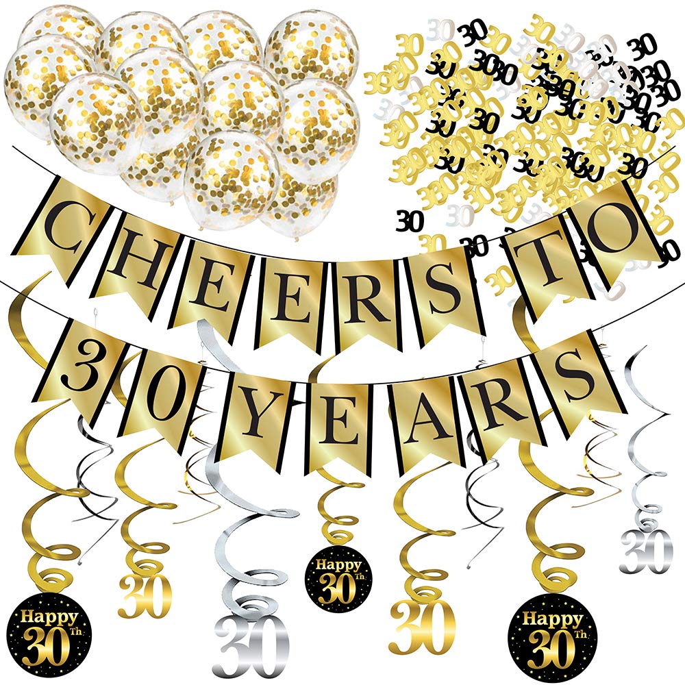 30th Birthday and Anniversary Decorations Party Pack - Cheers to 30 Years Banner, Balloons, Swirls and Confetti Party Supplies