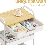 KINGRACK 3 Tier Storage Trolley on Wheels White with Wooden Top view 4