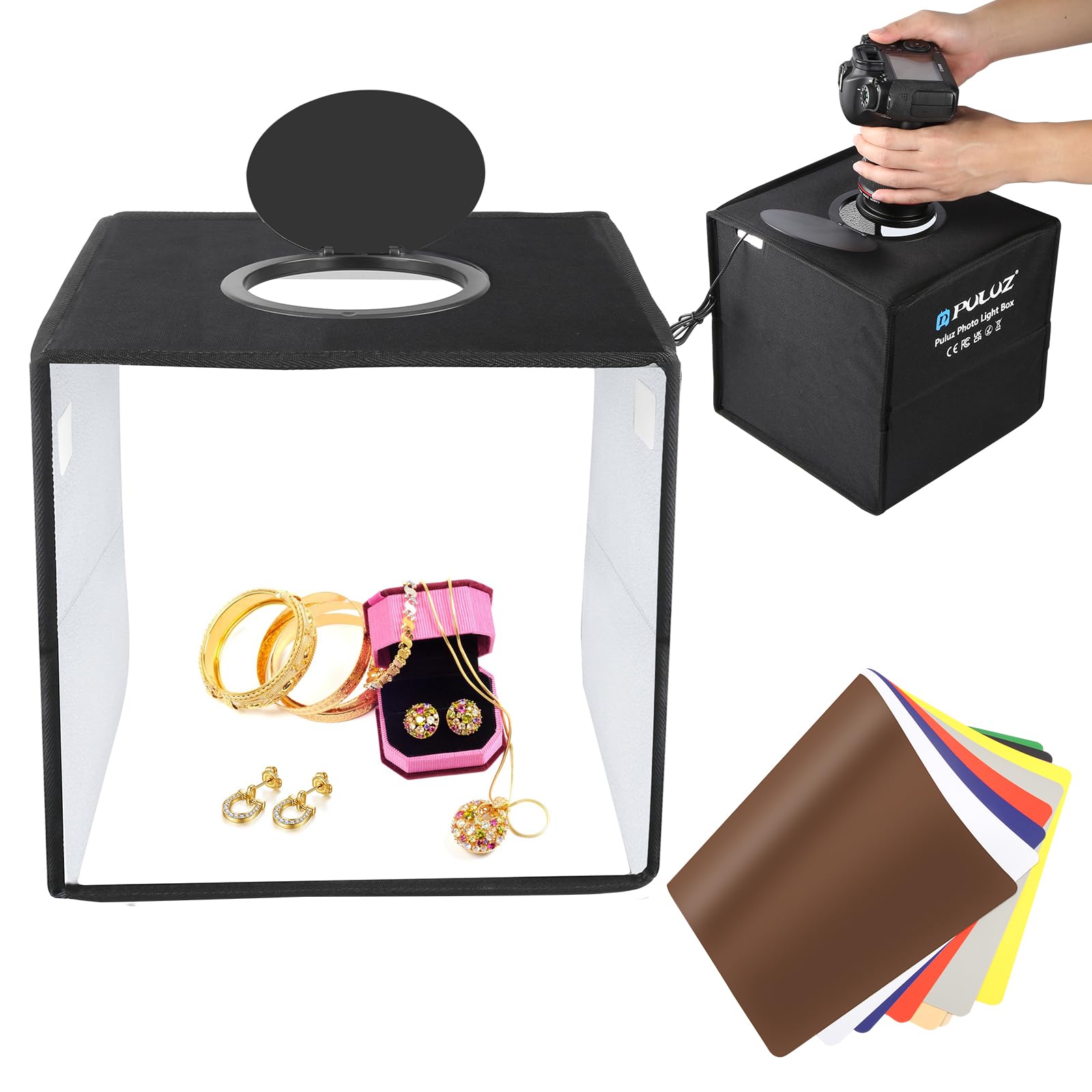 Mini Photo Light Box 25cm, PULUZ Photo Booth Portable Update 104 LED Light Beads Photography Lightbox Shooting Tent Studio Box with 6 Piece Backdrop Kit for Small Product Photography Accessories — image 1