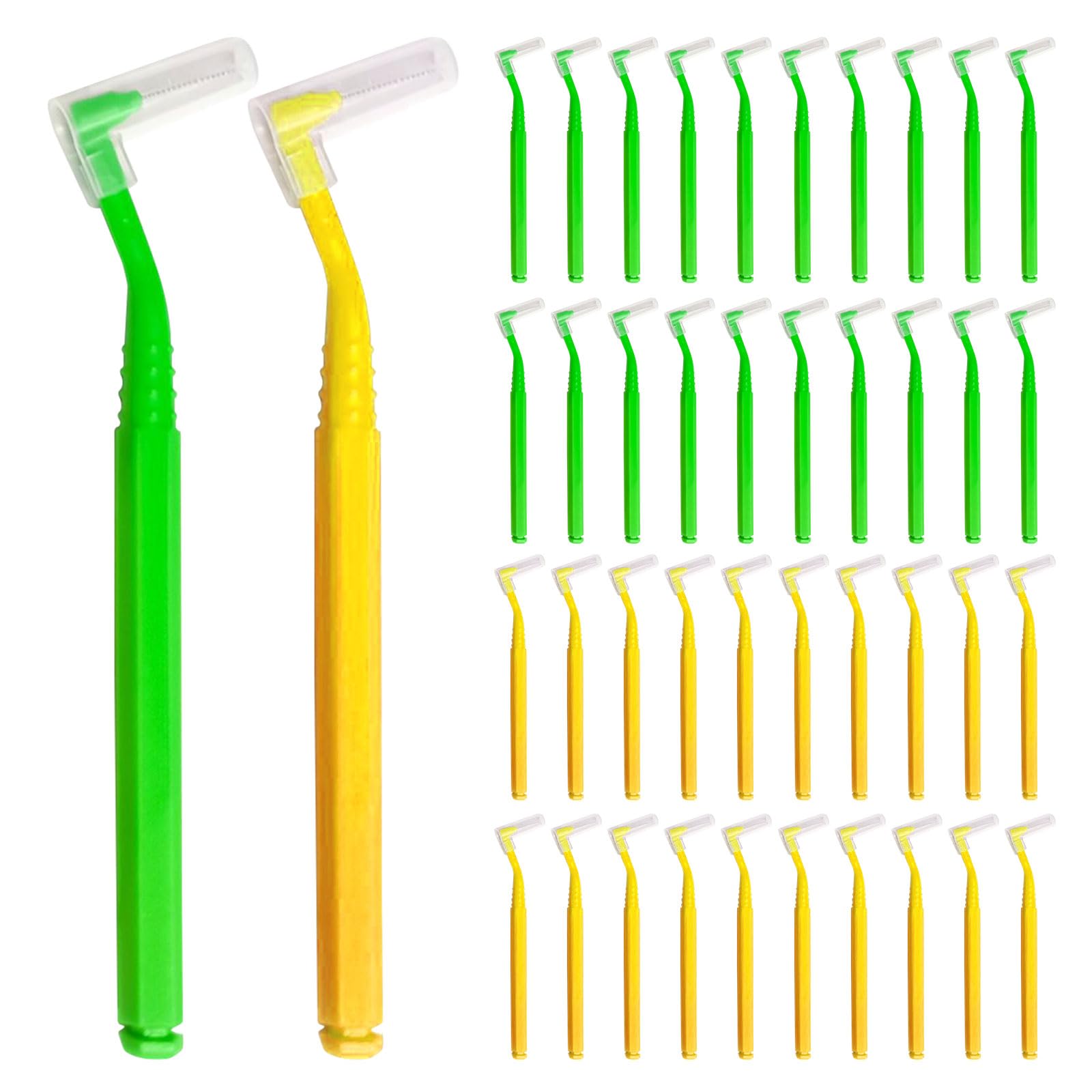 SKHAOVS 40 Pieces Interdental Brushes,Floss Brushes for Between Teeth and Gums,Teeth Cleaner Braces,L Shaped Dental Brushes with Long Handle for Interdental Cleaning Plaque Removal(Yellow Green)