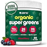 Zena Nutrition Organic Super Greens Powder, 70+ Superfoods, 0 Sugar, 3G Fiber, Spirulina, Chlorella, Antioxidants, Prebiotics/Probiotics, Digestive Enzymes, Mixed Berry, 30 Servings