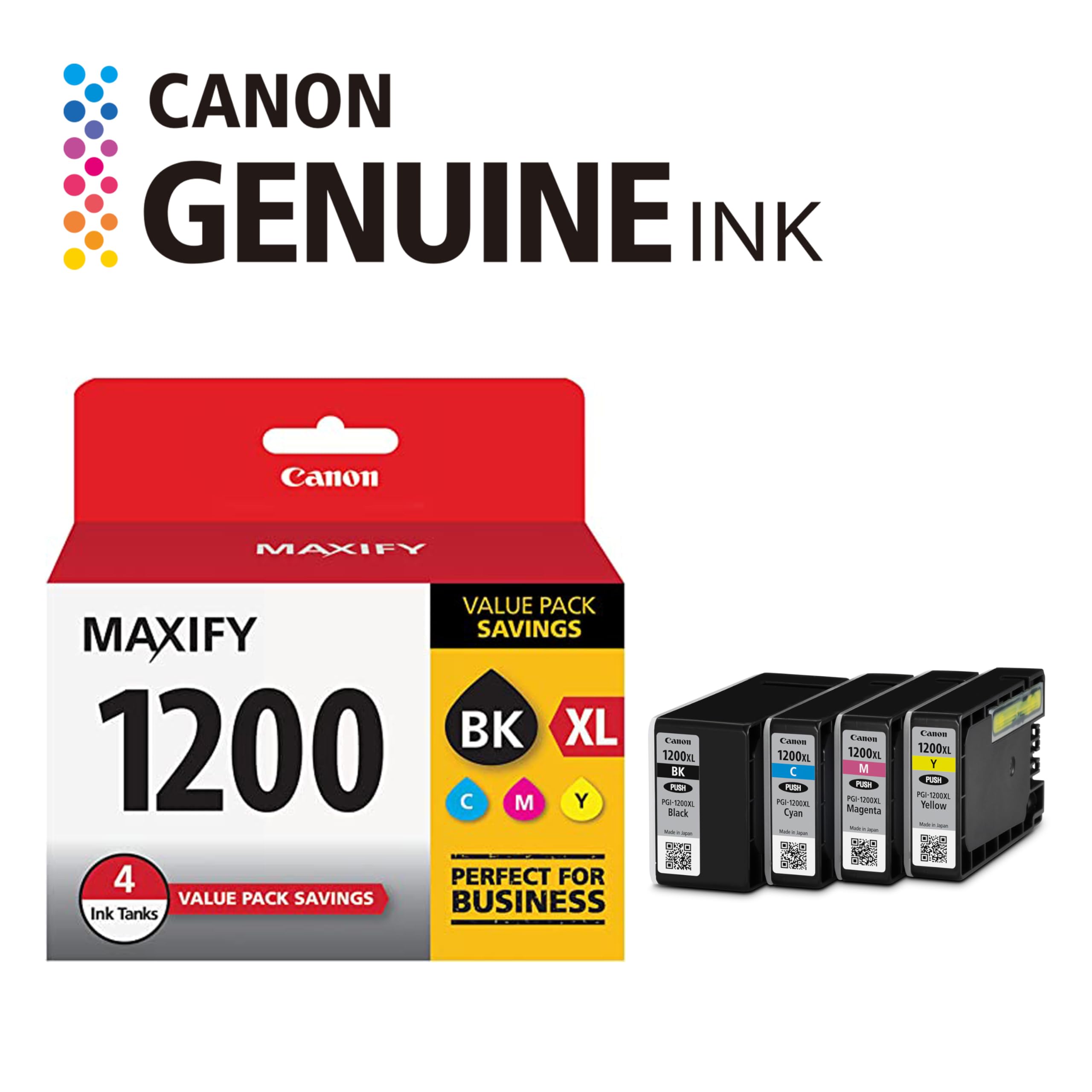 Canon PGI-1200 XL Genuine Four Color Value Pack, Compatible with MAXIFY: MB2120, MB2720, B2020, and MB2320 (Optional) Printers