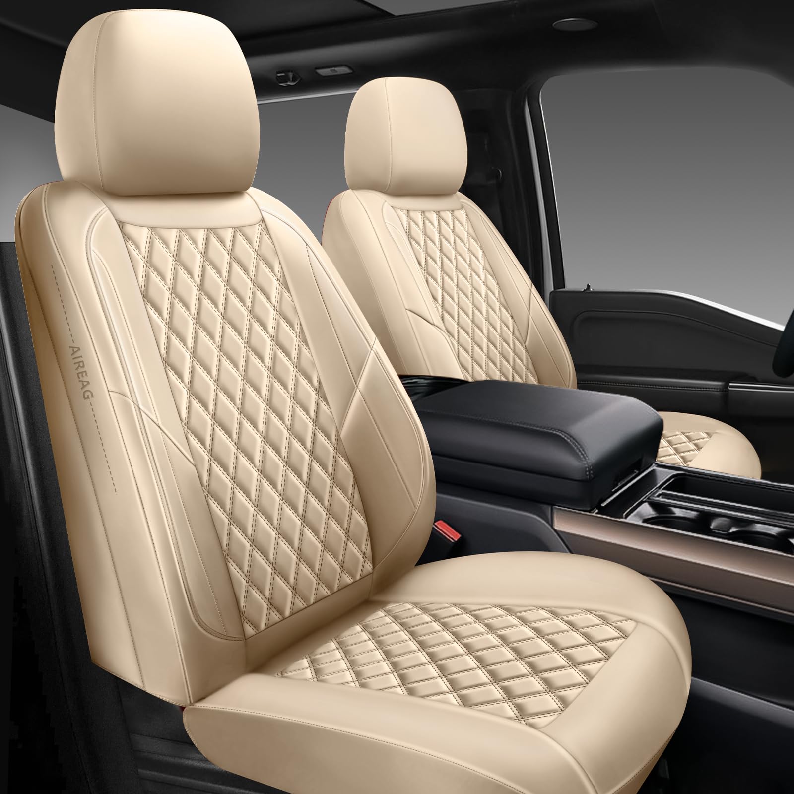 Photo 1 of GEEYONTEK Premium Leather Car Seat Covers Full Set,Universal Fit for Cars,Trucks&SUVs,Waterproof Car Seat Cushion,Full Coverage Car Seat Protector with 5 Seats,Beige