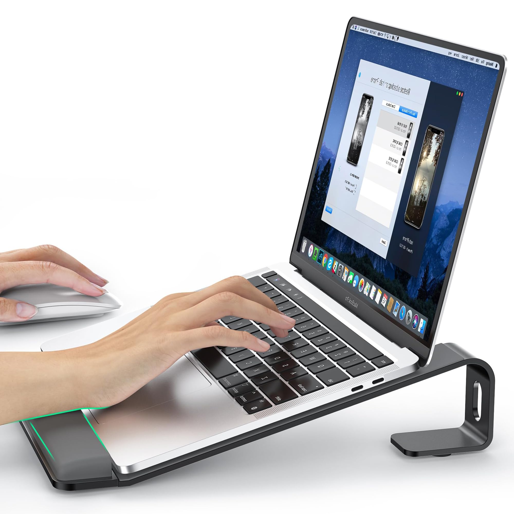 Photo 1 of LOXP Laptop Stand for Desk, Metal Laptop Stand with Wrist Support, Ergonomic Detachable Laptop Riser, Aluminum Protable, Computer Stand for MacBook Air Pro, HP, Dell, XPS, HP (10-17") Laptops - Black