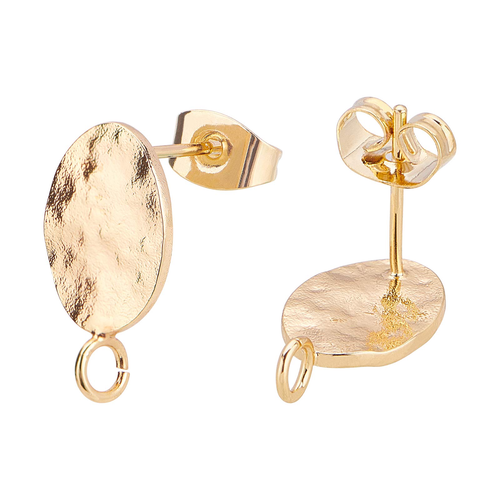 BENECREAT 10PCS 18K Gold Plated Oval Earring Studs Brass Earring Findings with 10PCS Brass Ear Nuts and Loop for Earring DIY Jewelry Making, Hole: 1.8mm, Pin: 0.8mm