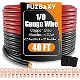 AWG 1/0 Gauge Wire (20 Feet Black+20 Feet Red) Copper Clad Aluminum CCA - Primary Automotive Wire Power/Ground, Lugs Terminal