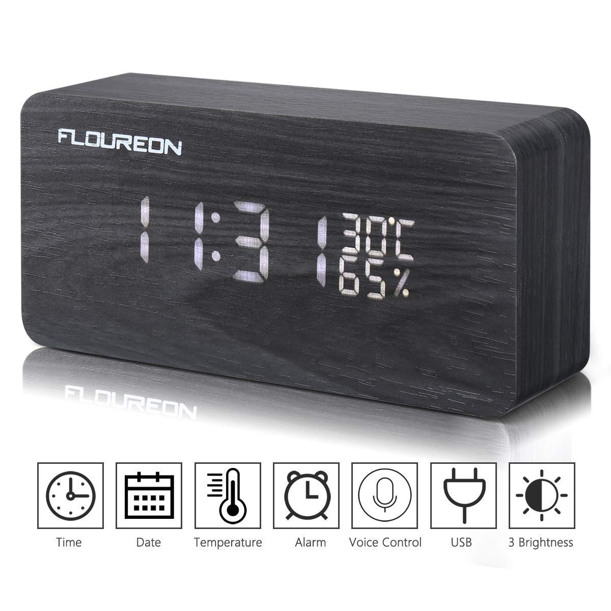 FLOUREON Digitale Wecker, Funk Wecker, LED Display Holzuhr mit 2 Stromversorgungsmodi, 3 Helligkeit, Datum Uhrzeit, Temperatur und Luftfeuchtigkeit (Schwarz)