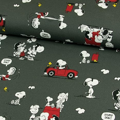Stoffe Werning Baumwolljersey Lizenzstoff Peanuts Snoopy Carbrio dunkelgrau Kinderstoffe - Preis Gilt für 0,5 Meter -