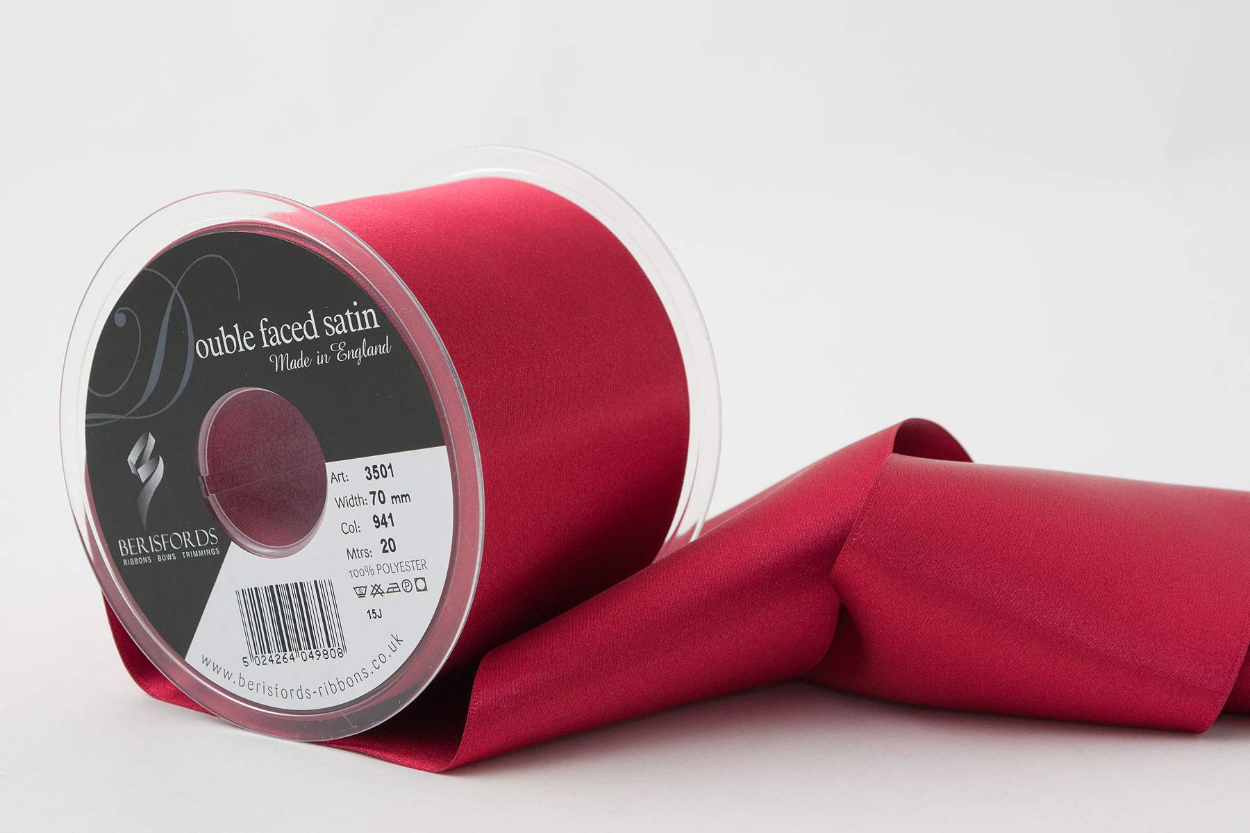 Berisfords Double Faced Satin Ribbon, Cardinal, 70 mm Width, 20 metre Length — image 1