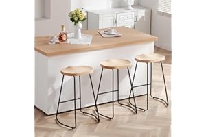 HeuGah Counter Height Bar Stools Set of 3, Solid Wood Bar Stool for Kitchen Island 26" Barstool with Metal Leg Rustic Backless Saddle Seat Stools with Footrest (Burlywood, 3 PCS 26Inch Counter Chair)