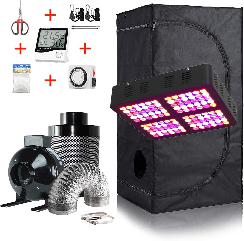 GreenHouser Grow Tent Room Complete Kit Hydroponic Growing System LED 300W/ 600W/ 800W Grow Light + 4" Carbon Filter Combo + Multiple Size Dark Room (600W LED Light, 24''x24''x48'' Tent Kit)