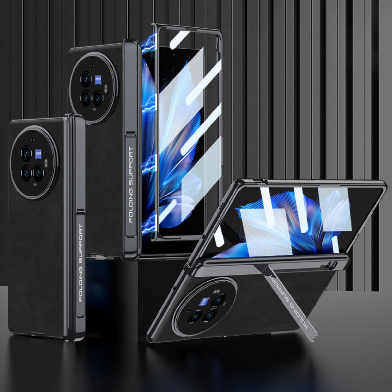 COQUE Vivo X Fold3 Pro Case,Slim Leather Cover with Phone Kickstand and Magnetic Hinge Protection,Tempered Protective Film Phone Shell for Vivo X Fold3 Pro-Black