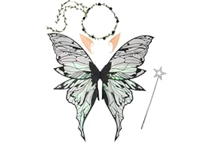 Snycler Fairy Wings for Adults and Women, Fairy Costume Set with Floral Garland, Wand & Elf Ears Butterfly Wings