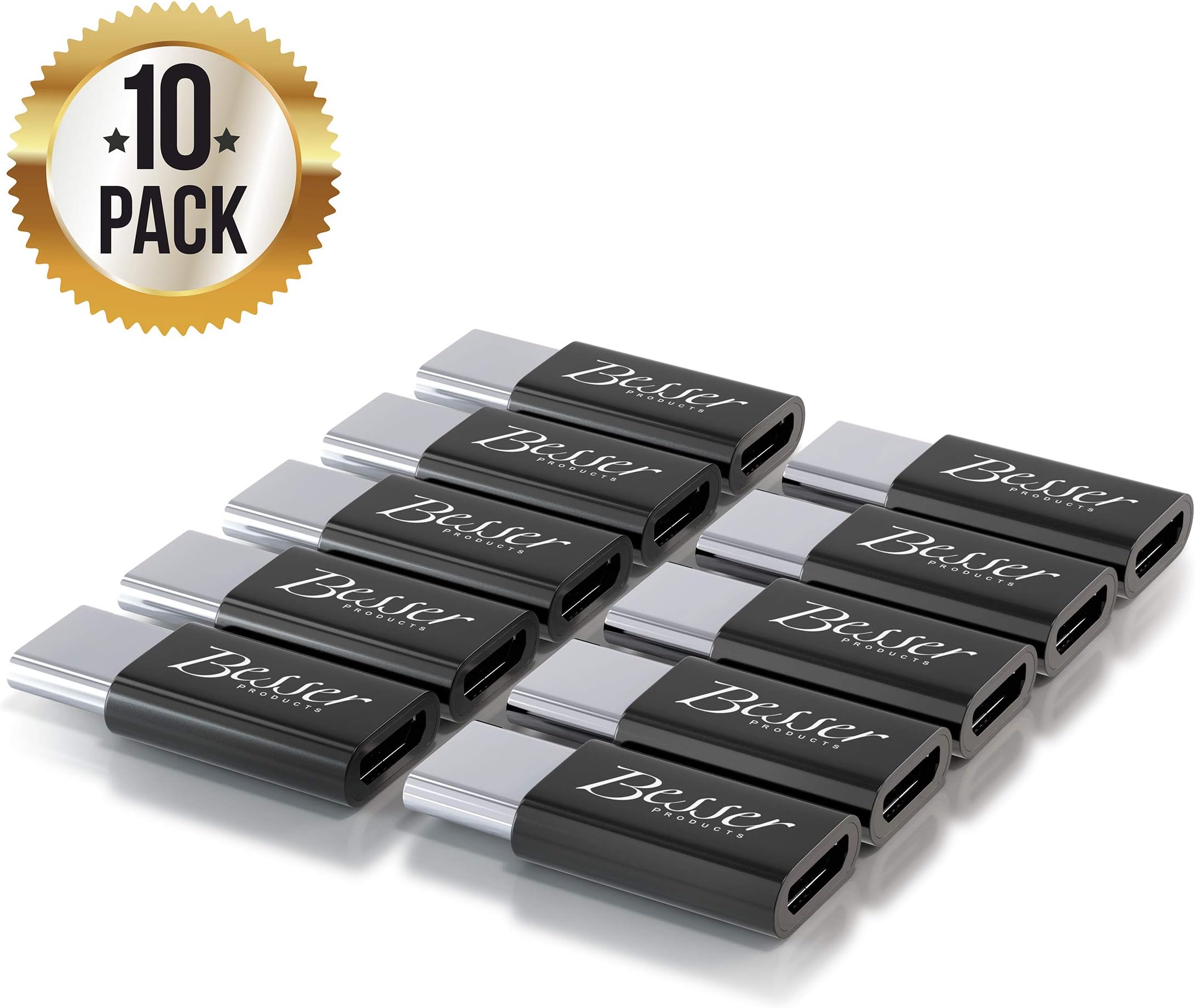 Micro USB to USB C Adapter 10 Pack - Charging and Data Sync and Transfer - Plug Keyboard, Mouse, Memory and Devices in Type C Phone and Laptop Ports - Black - by Besser Products Inc … (10 Pack)