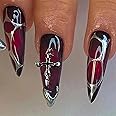 BABALAL Stiletto Press on Nails Long Fake Nails Black Red Glue on Nails Almond Acrylic Nails with Goth Design Stick on Nails for Women and Girls 24Pcs