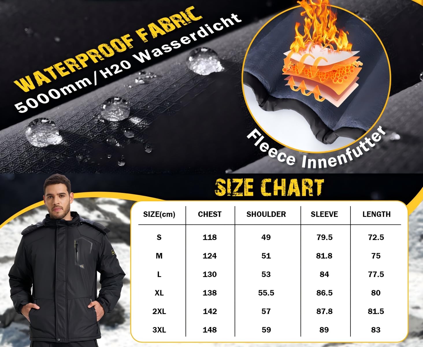 PrimeCrest Winterjacke Herren Jacke Fleecejacke Skijacke Wasserdichte Warme Thermo Gefüttert Softshell Ski Winter Tactical Hoodie Jacke Männer Snowboard Dicke Outdoorjacke Softshelljacke Schwarz L 5