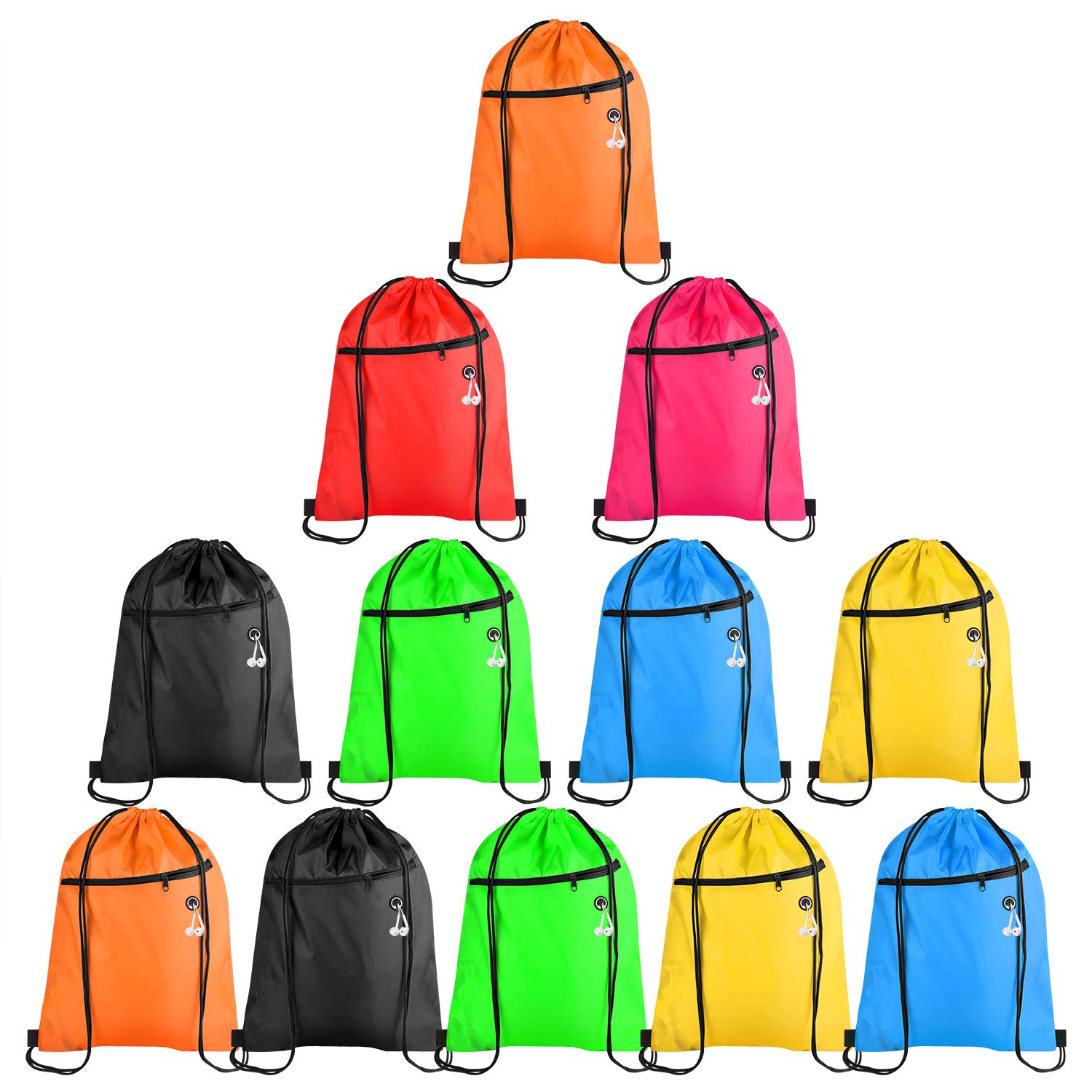 KUUQA 12Pcs Drawstring Bags with Zipper Pocket Pull String Backpack Bags Bulk, Multicolor, 12pcs, Traveling