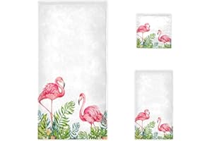 Naanle Tropical Leaves Couple Pink Flamingo Soft Luxury Decorative Set of 3 Towels, 1 Bath Towel+1 Hand Towel+1 Washcloth, Multipurpose for Bathroom, Hotel, Gym, Spa and Beach