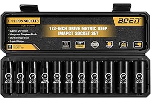 BOEN 1/2" Drive Deep Impact Socket Set, 11 Pieces Socket Set Metric 10-24mm, 6 Point Design, Cr-V Steel, Laser Marking, Durab