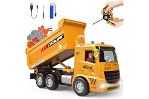 MQDMINI Race Remote Control Dump Truck - RC Construction Vehicles with LED Lights and Simulation Sound Rechargable Hydraulic Car for 6 7 8 9 Year Old Boys, Educational Toys Birthday Gifts for Kids