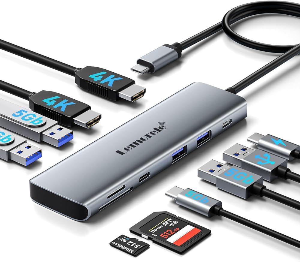 Lemorele USB C Dock 10 in 1 Dual HDMI 4K 100W PD 4 USB 3.0 SD/TF Dock