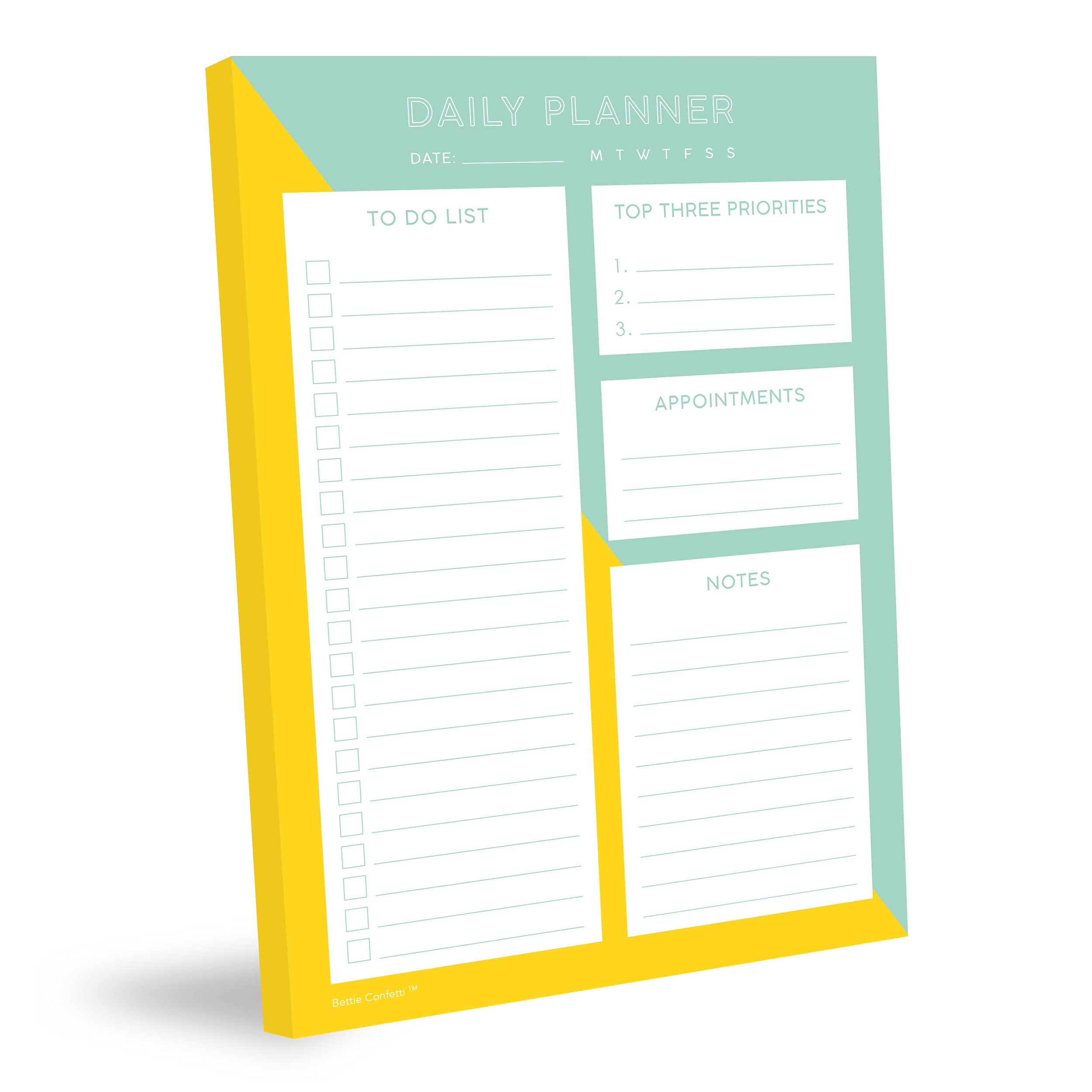 Bettie Confetti Daily Planner Pad | Undated A5 Funny Desk Organiser with Task Planner, Productivity Tracker, Goal Planner & Hydration Checklist | For Students, Teachers, Office| 50 Tear off Pages