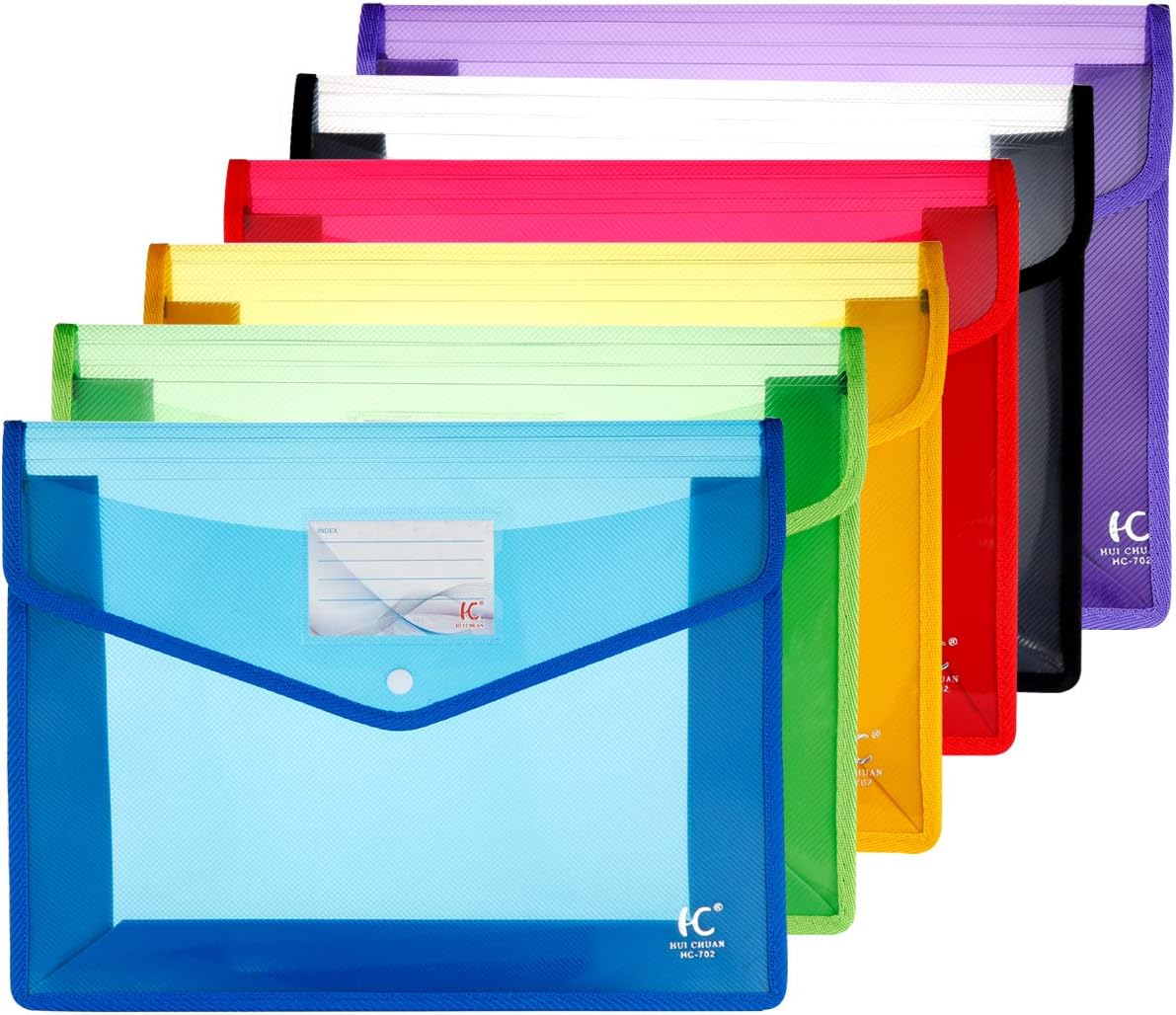 Eco-Friendly Plastic File Folders File Wallet Poly & Oxford Expandable Envelope Folder with Snap Button Closure, Durable Waterproof Folders for Office Home School - 6 Assorted Colors