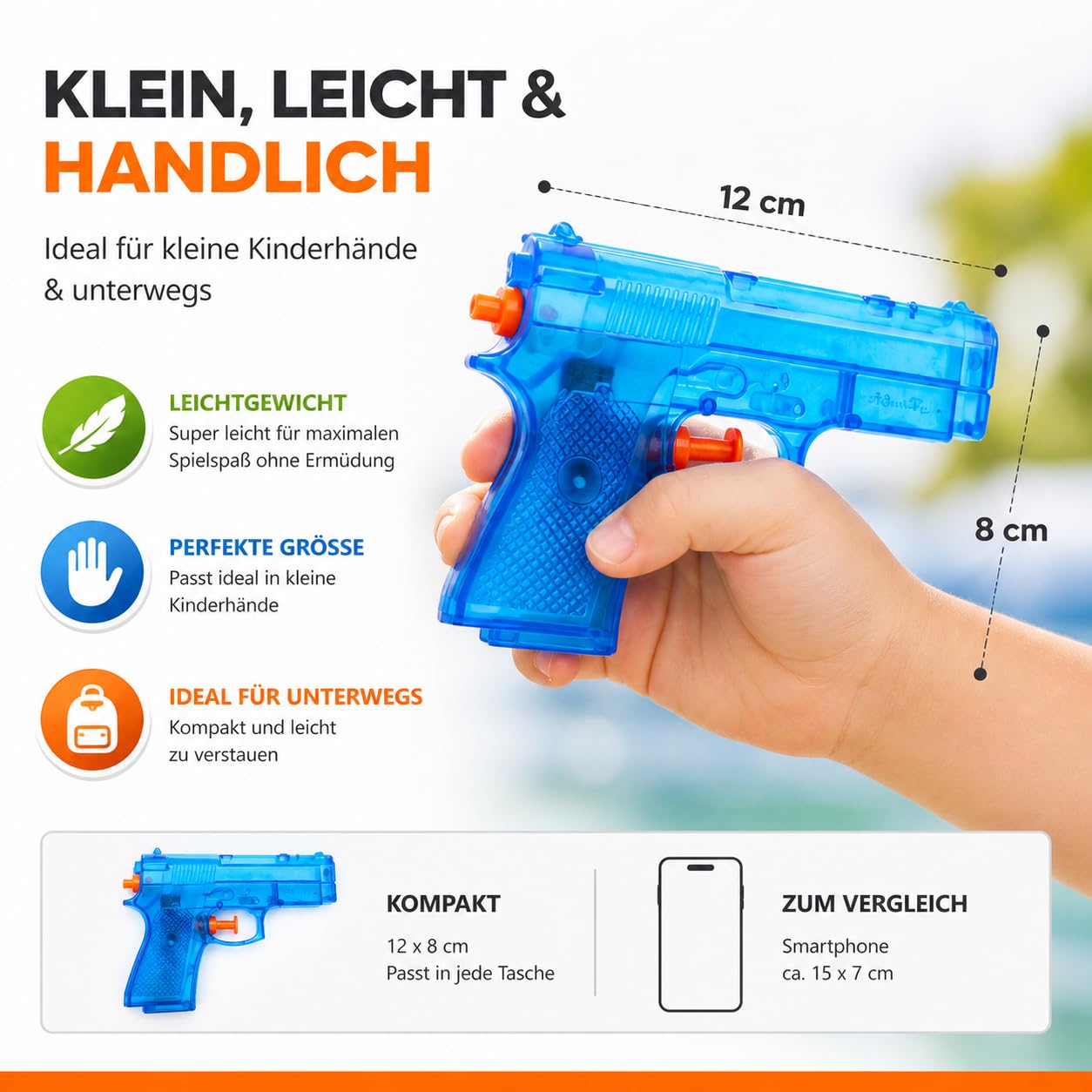 3er Wasserpistolen Set - ca. 12 cm mit großer Reichweite Wasserspritzpistole Spritzpistole klein mini für Kinder 3