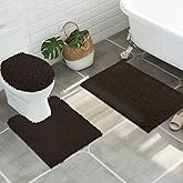 ITSOFT 3pc Non-Slip Shaggy Chenille Bathroom Mat Set, Includes 24"x21" U-Shaped Contour Toilet Rug, 34"x21" Bathmat and 1 Toilet Lid Cover, Chocolate Brown