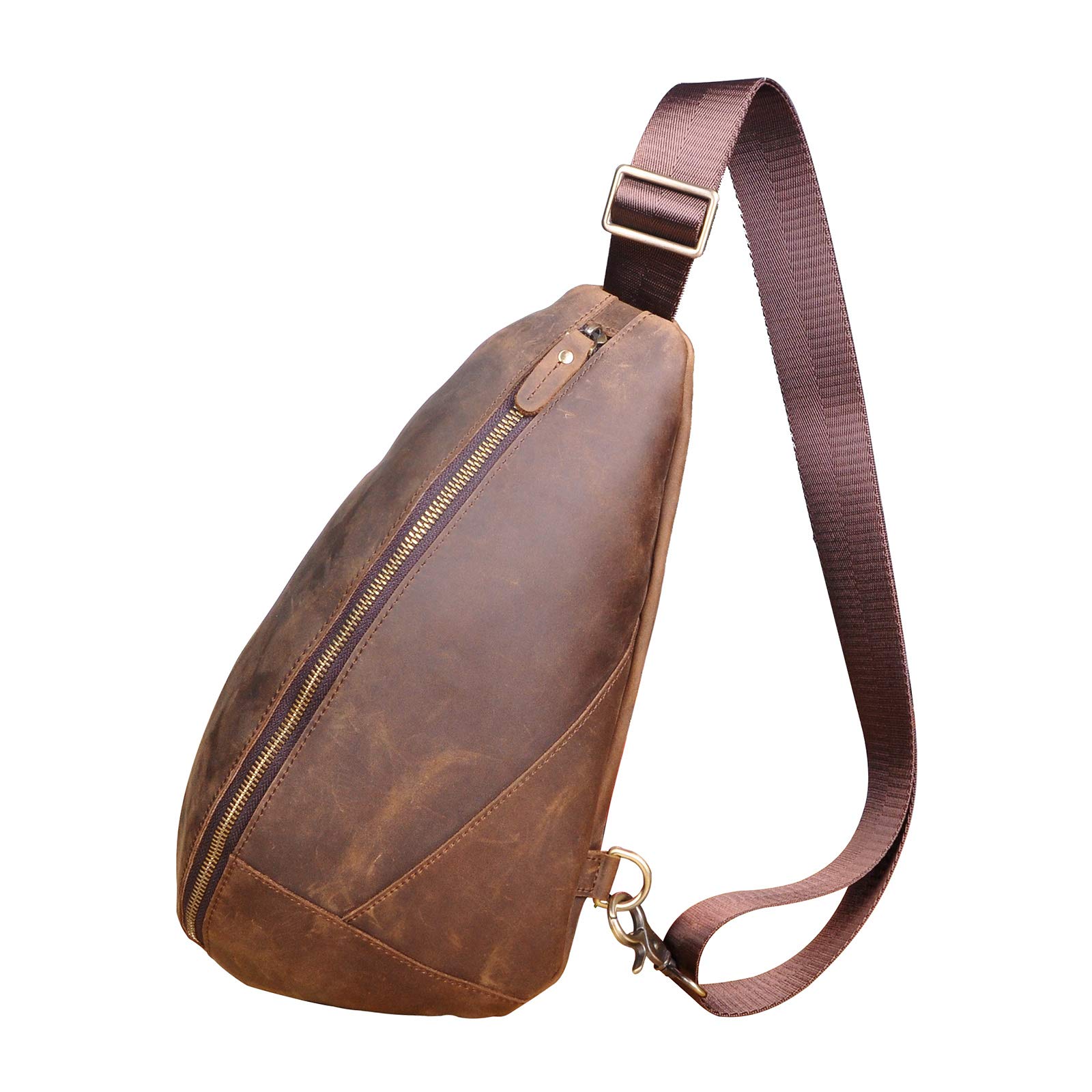 Le'aokuu Men Outdoor Travel Climbing Triangle Chest Sling Bag Rig One Shoulder Strap Bag Backpack Men Genuine Leather 5059 (5059 A Brown)