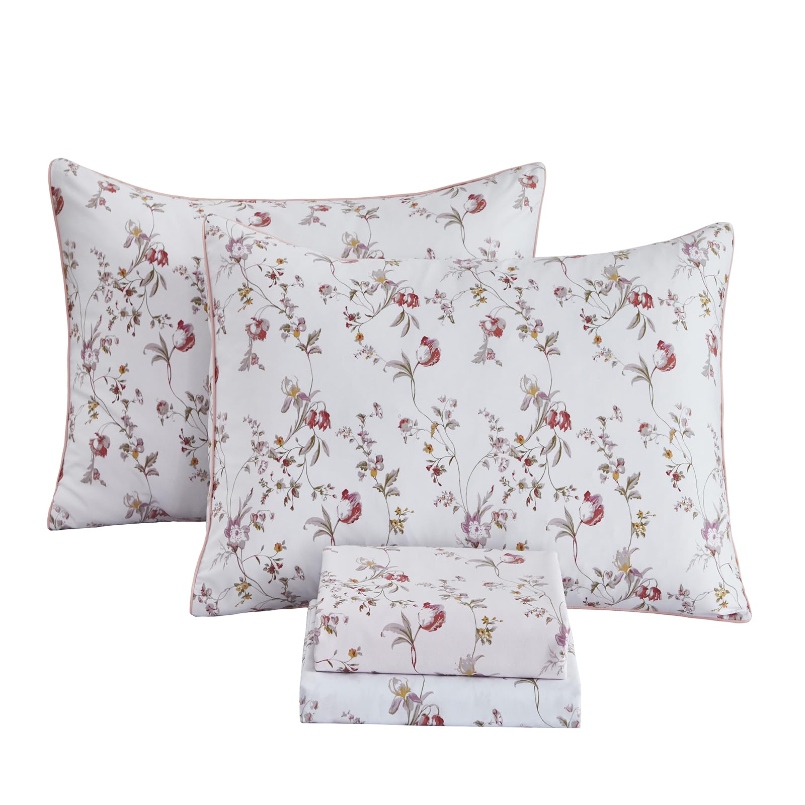 FADFAY Sheets Set King Rustic Pink Floral Botanical Bedding Set Luxury 100% Egyptian Cotton Bed Sheet Set Soft Breathable for All Season Bedoom Decor with 17.7 Deep Pocket Fitted Sheet, King Size Image