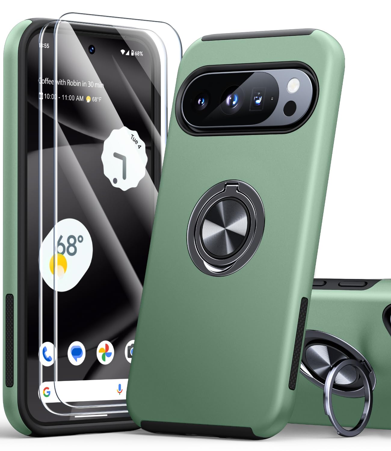 AOUIA für Google Pixel 10 Pro XL Hülle mit 2 Stück Schutzglas, 360°Ring Ständer, Stoßfeste Schutzhülle, 3-in-1 Handyhülle für Pixel 10 Pro XL, Grün
