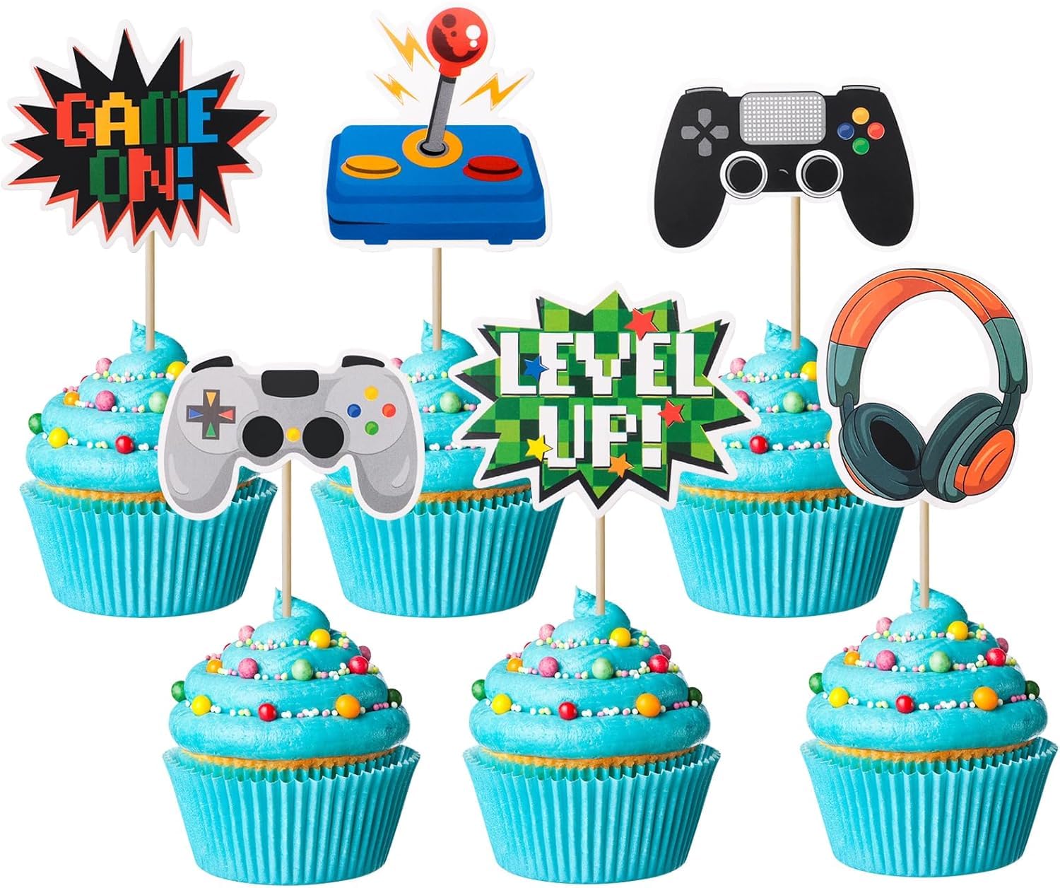 Nymora 36pcs Video Game Cupcake Toppers for Birthday Party Decorations Including Game Controller Gamepad Joystick Headphones Game On Level Up for Gamer Playdates Game Day Christmas — image 1