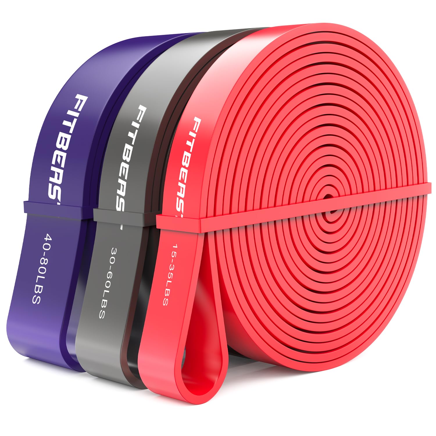 FitBeast Pull Up Bands Set, 3 Different Levels Resistance Band Pull Up for Calisthenics, Bodyweight Training, Powerlifting, Muscle Toning, Yoga, Stretch Mobility (Red Black Purple 15-80 LBS)