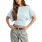 Lumister Shirts for Womens Crewneck Tighten Waist T-Shirt Casual Short Sleeve Workout Tops Solid Color Basic Tees