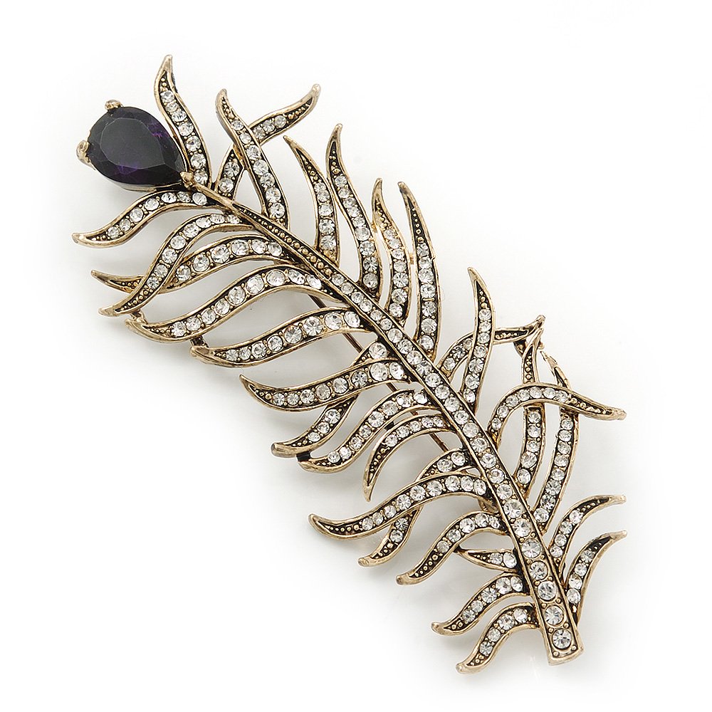Large Vintage Inspired 'Peacock Feather' Brooch In Antique Gold Metal (Deep Purple/Clear) - 90mm Length