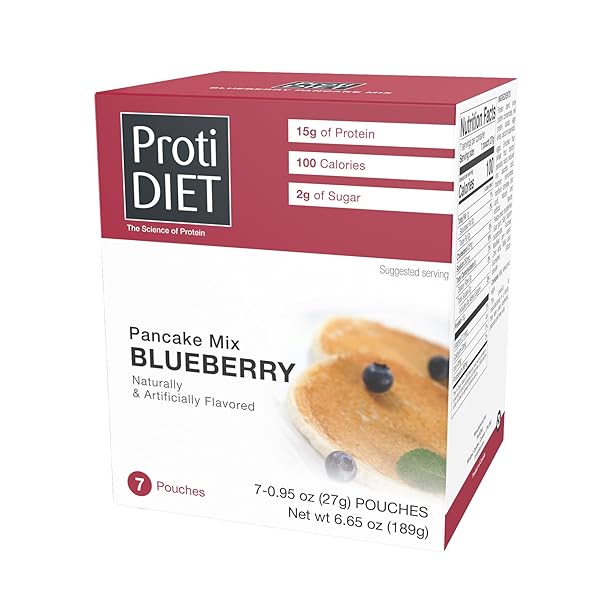 PROTIDIET BLUEBERRY PROTEIN PANCAKES – LOW SUGAR, LOW FAT, HIGH PROTEIN SNACKS FOR ADULTS – NUTRITIOUS MEAL REPLACEMENT – PERFECT ON-THE-GO PROTEIN PANCAKE MIX – 7 BLUEBERRY PANCAKES PER BOX