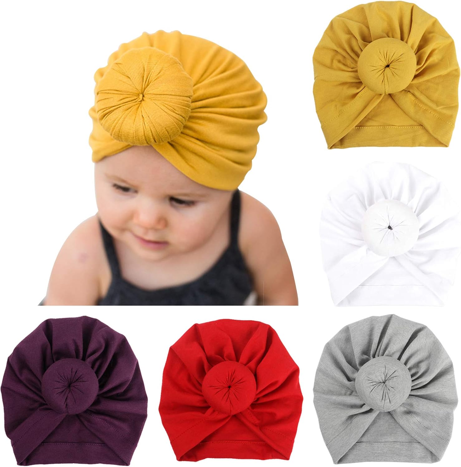 BQUBO 5 Pieces Cute Turban Hats for Baby Girls Vintage Soft Bun Knot Infant Toddler Baby Cap: Clothing
