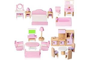 Wooden Dollhouse Furniture Set, 5 Room Kit 22 Piece Miniature Dollhouse Wood Furniture Accessories, Including Kitchen, Dining