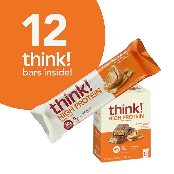 THINK! PROTEIN BARS, HIGH PROTEIN SNACKS, GLUTEN FREE, KOSHER FRIENDLY, CREAMY PEANUT BUTTER, NUTRITION BARS, 2.1 OZ PER BAR, 12 COUNT (PACKAGING MAY VARY)
