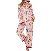 WDIRARA Women's Cute Print 2 Piece Pajama Set Long Sleeve Button Down Pants Pjs Sleepwear