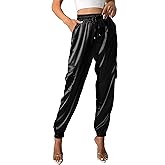 Women's Satin Cargo Joggers Pants Dressy Casual Silky Elastic High Waist Trousers