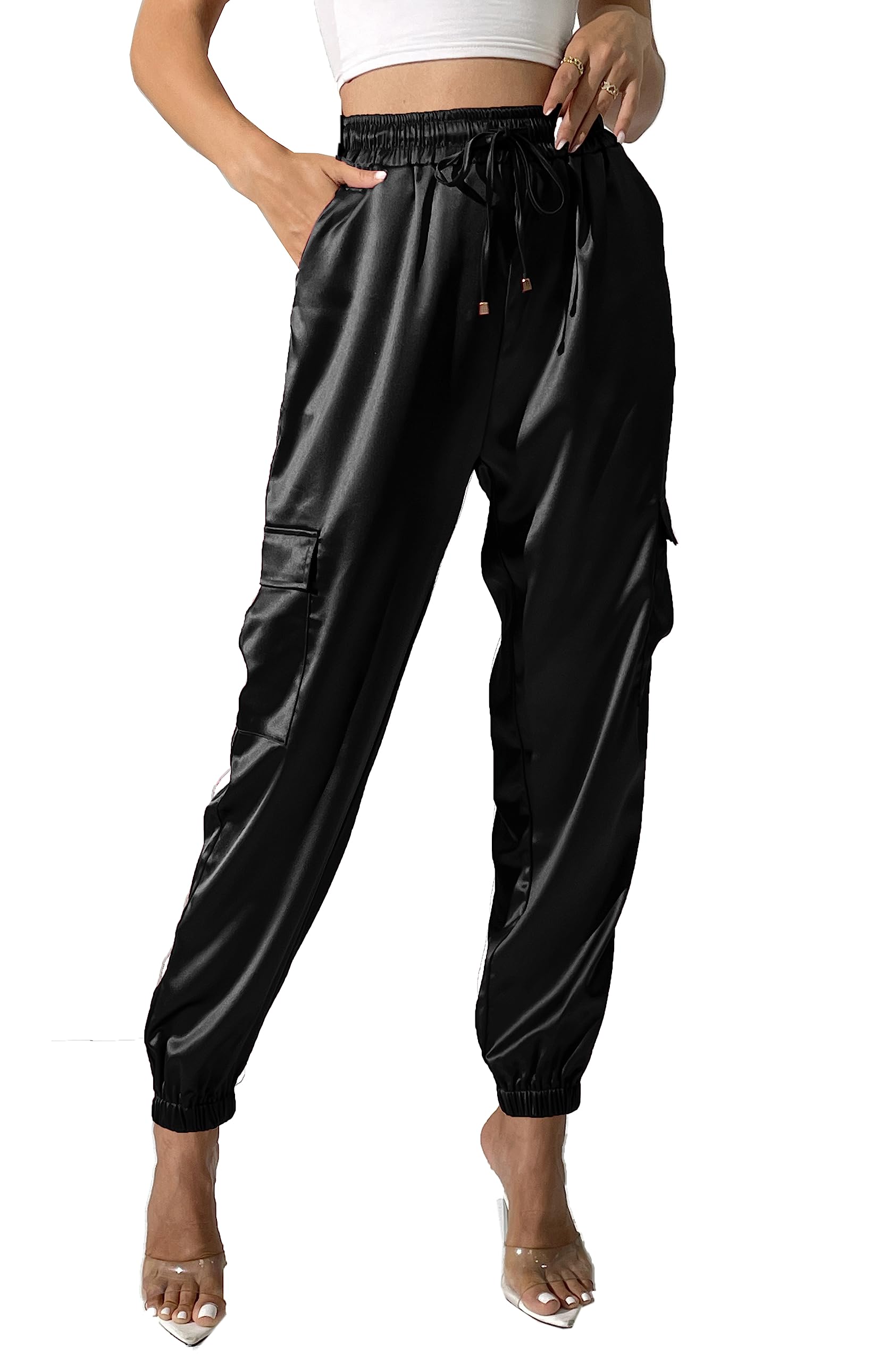 Photo 1 of Women's Satin Cargo Joggers Pants Dressy Casual Silky Elastic High Waist Trousers Black
