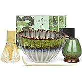 Artcome Matcha Tea Set - 17oz Petal-Shaped Matcha Bowl, Bamboo Whisk, Scoop, Whisk Holder & Brewing Guide - Japanese Tea Ceremony Tools for a Perfect Matcha Experience, Gradient Green