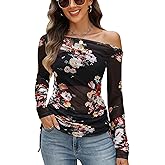 CiCiBird Womens 2025 Fall Off Shoulder Tops Long Sleeve Floral Mesh Shirts Trendy Going Out Outfits
