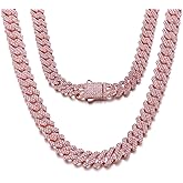 HIPBLING Women Cuban Link Chain Choker Necklace Pink Rhinestones Miami Cuban Necklace 12mm 16 inch Iced Out Chain Bling Hip Hop Jewelry for Womens Gift