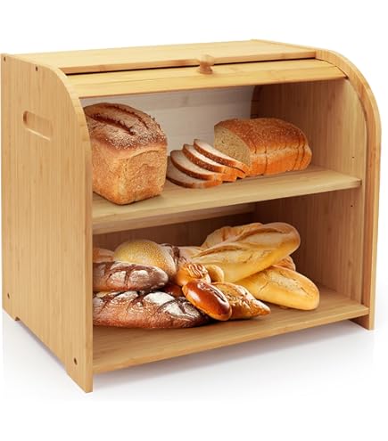 Amazon.com: HOMEFULLY Bamboo Double Layer Bread Box for Kitchen
